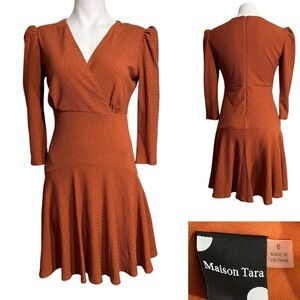 Maison Tara Dress Sz 6 Women's Orange 3/4 sleeve A-line knee length